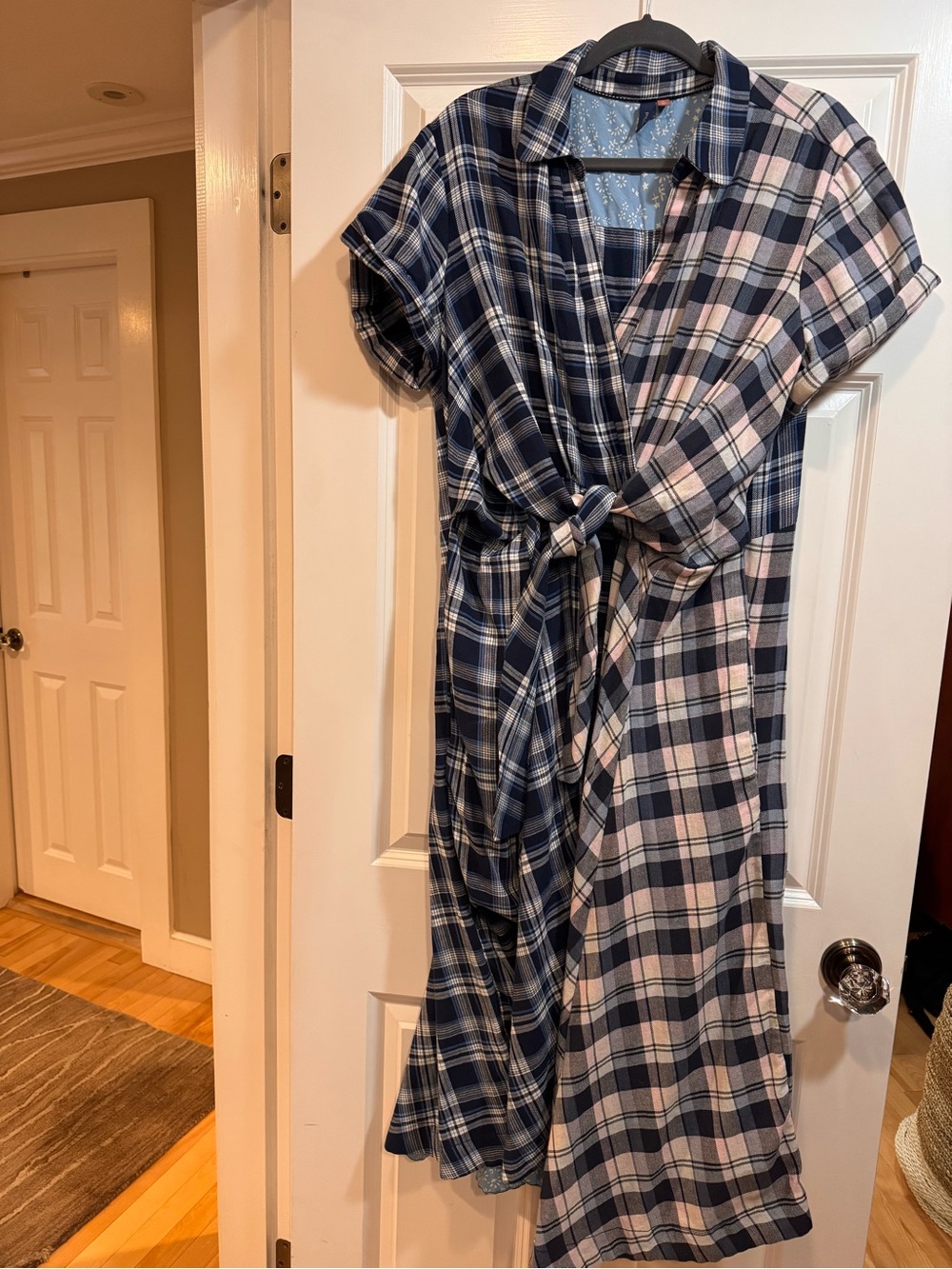Anthropologie Navy & Light Pink Flannel Plaid Tie-Front Maxi Dress XL